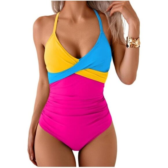 B2Prity Womens Large Colorblock One-Piece Swimsuit Tie Back Beach Vacation Pool - Picture 3 of 8